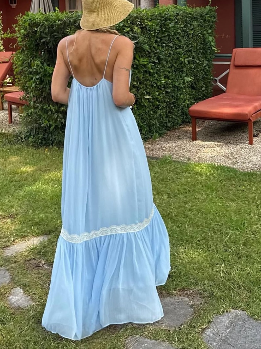 Zara Light Blue Spaghetti Strap Maxi Dress with Lace Trim